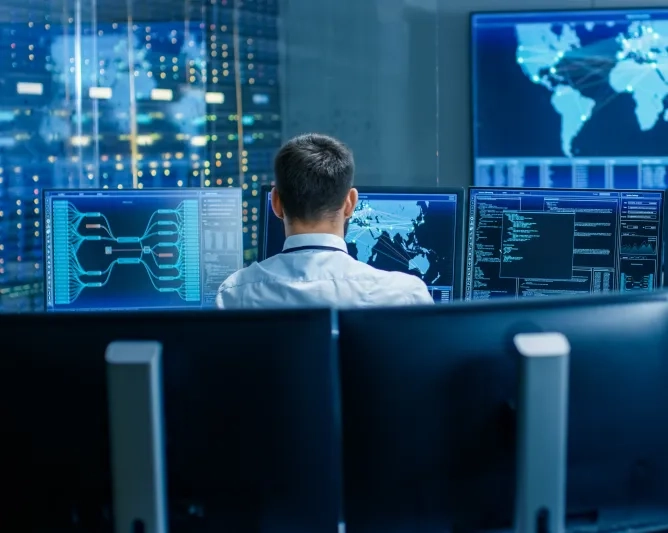 Personne de dos devant écrans de contrôles